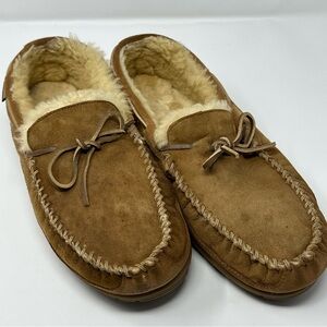 L.L. Bean Good Moccasin MenSlippers Size 13 Wide Tan Suede Shearling Fur